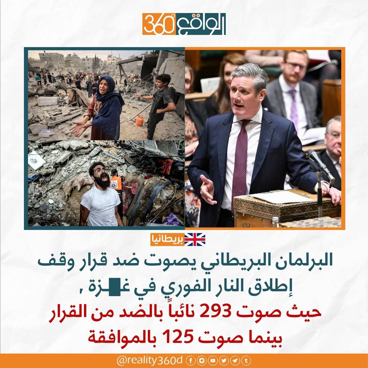 البرلمان البريطاني يصوت ضد قرار وقف اطلاق النار الفوري في غزة حيث صوت 293 نائبا بالضد من القرار بينما صوت 125 بالموافقة