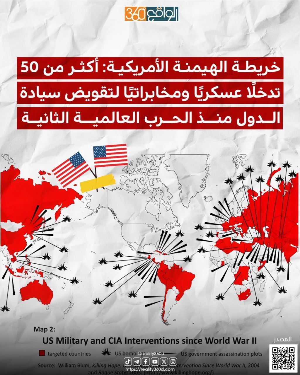 خريطة الهيمنة الأمريكية: أكثر من 50 تدخلا عسكريًا ومخابراتيًا لتقويض سيادة الدول منذ الحرب العالمية الثانية