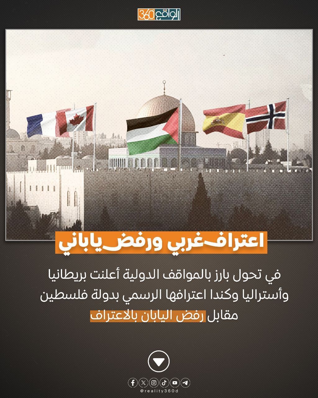 اعتراف غربي ورفض ياباني: في تحول بارز بالمواقف الدولية أعلنت بريطانيا وأستراليا وكندا اعترافها الرسمي بدولة فلسطين مقابل رفض اليابان بالاعتراف